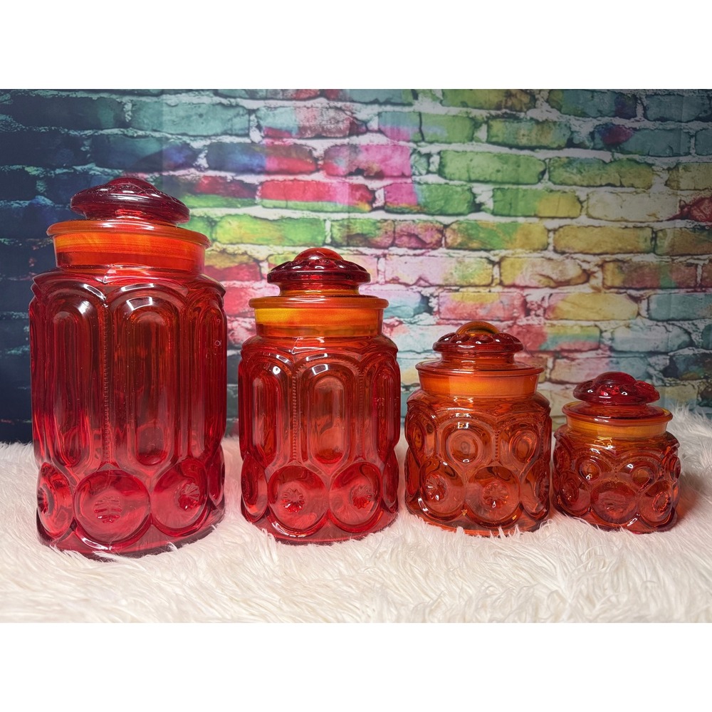 Vintage LE Smith Moon and Star Amberina Red UV Reactive Glass Canister Set 4pc